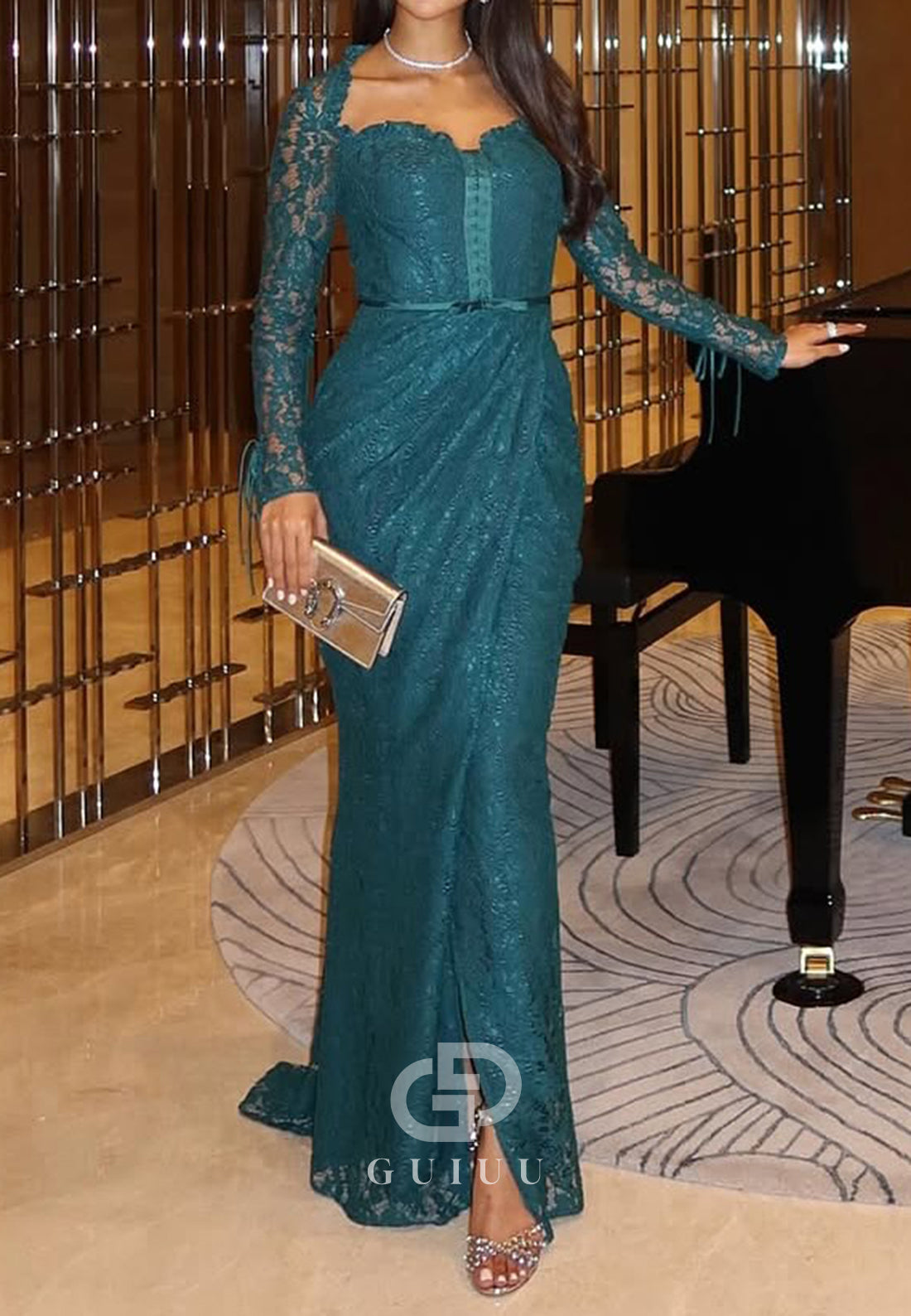 Peacock Long Sleeves Sweetheart Ruched A-Line Evening Dress