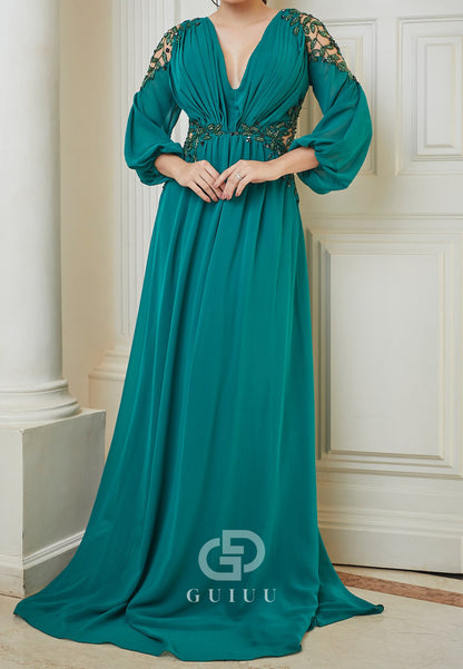 Peacock Long Sleeves V-Neck Chiffon Mother of the Bride Dress