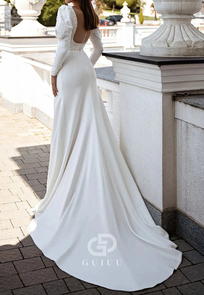 Pearl Wedding Dresses Sweetheart Long Sleeves Sweep Trian Mermaid Bridal Gown