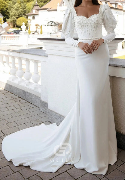 Pearl Wedding Dresses Sweetheart Long Sleeves Sweep Trian Mermaid Bridal Gown