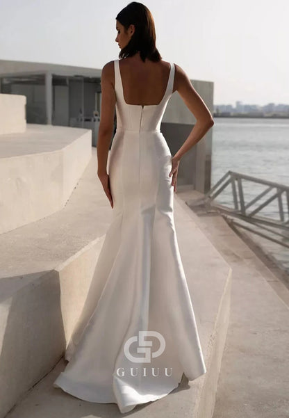Simple Spaghetti Straps Square Sheath Wedding Dress