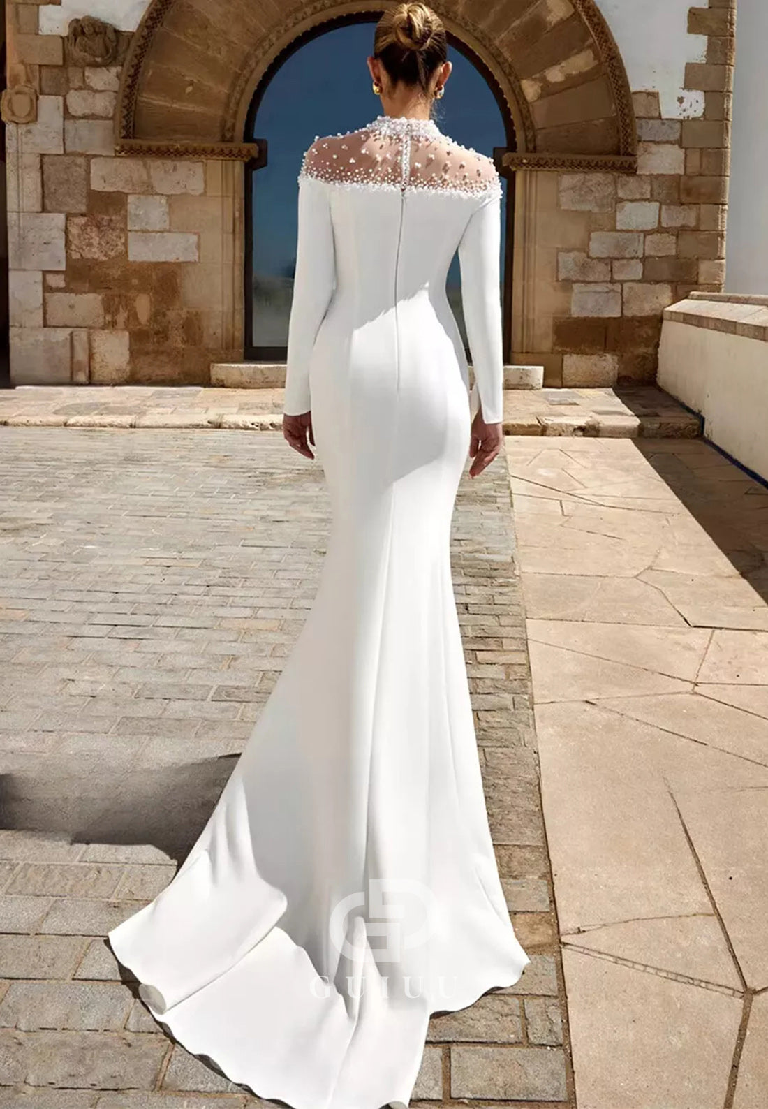 Long Sleeves High Neck Sequins Mermiad Wedding Dress