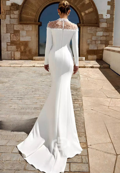 Long Sleeves High Neck Sequins Mermiad Wedding Dress