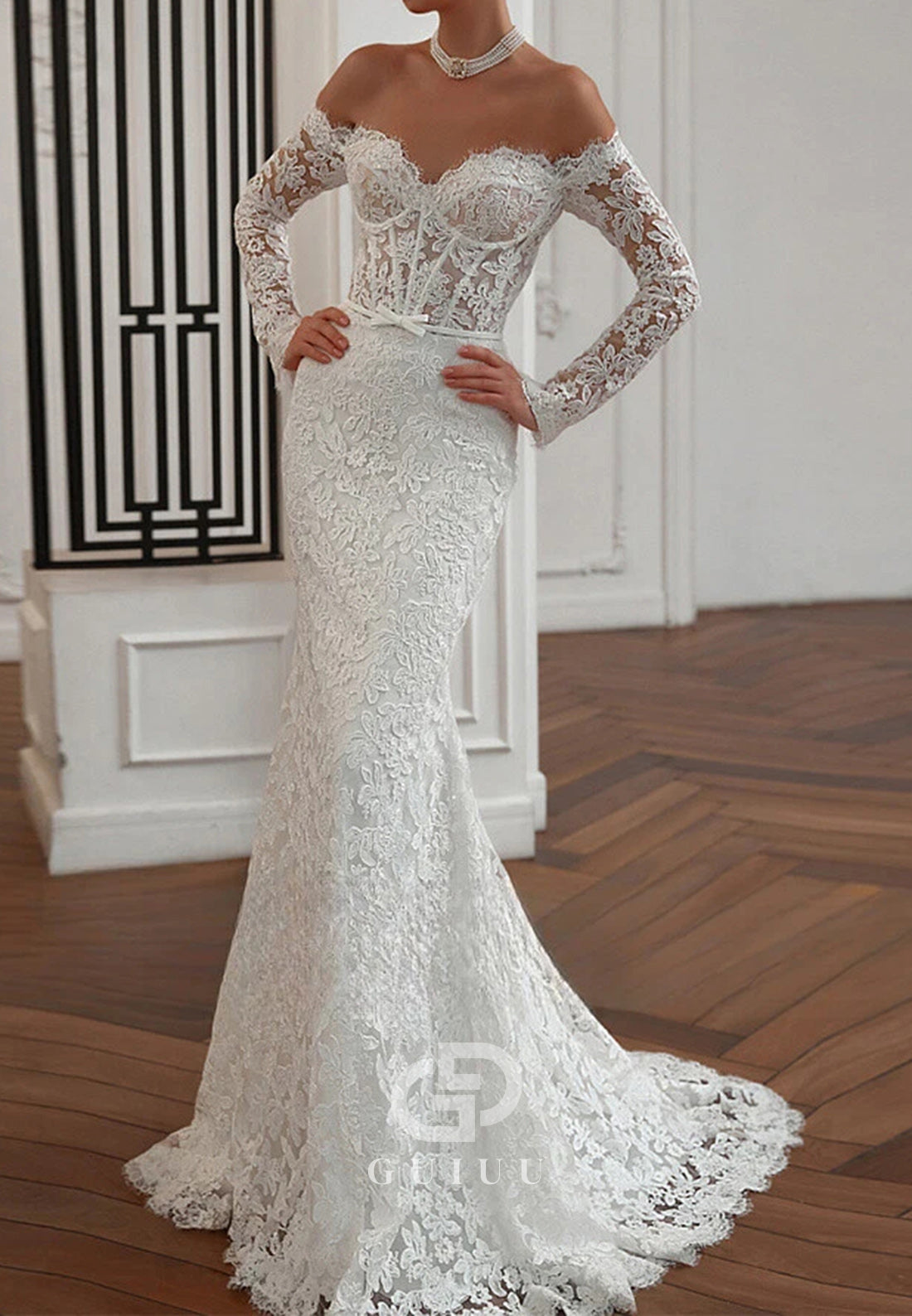 A-Line Long Sleeves Sweetheart Lace Wedding Dress