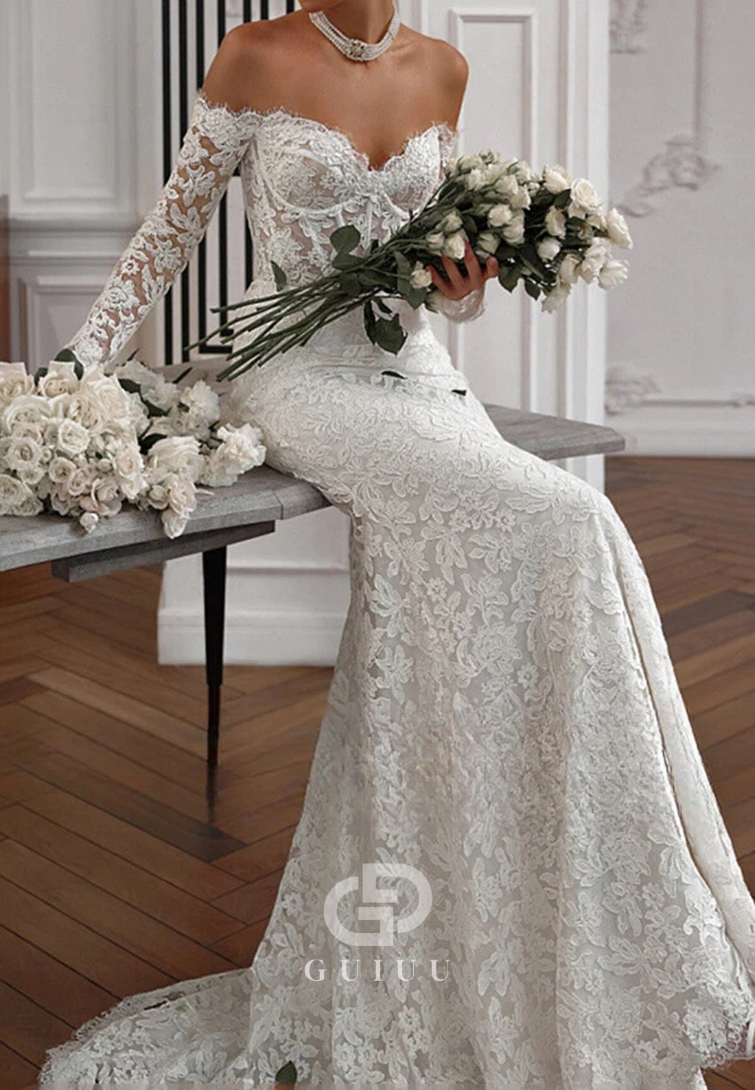 A-Line Long Sleeves Sweetheart Lace Wedding Dress