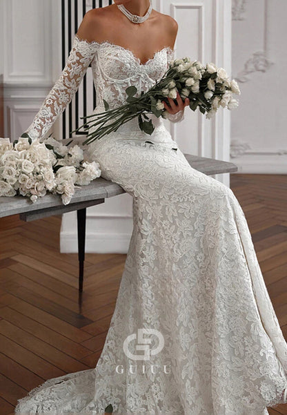 A-Line Long Sleeves Sweetheart Lace Wedding Dress