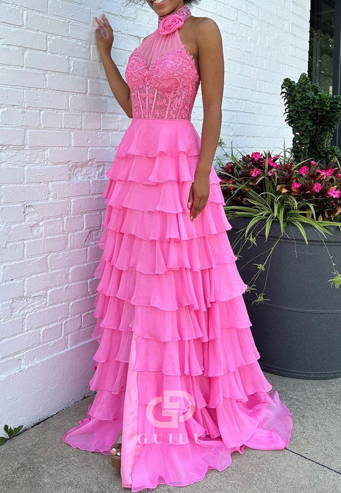 Pink A-Line Halter Neck Lace Top Long Tiered Chiffon Prom Dress