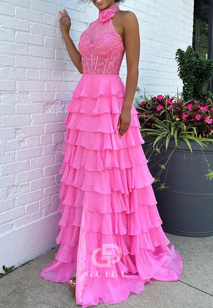 Pink A-Line Halter Neck Lace Top Long Tiered Chiffon Prom Dress