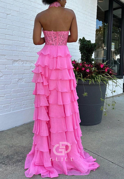 Pink A-Line Halter Neck Lace Top Long Tiered Chiffon Prom Dress