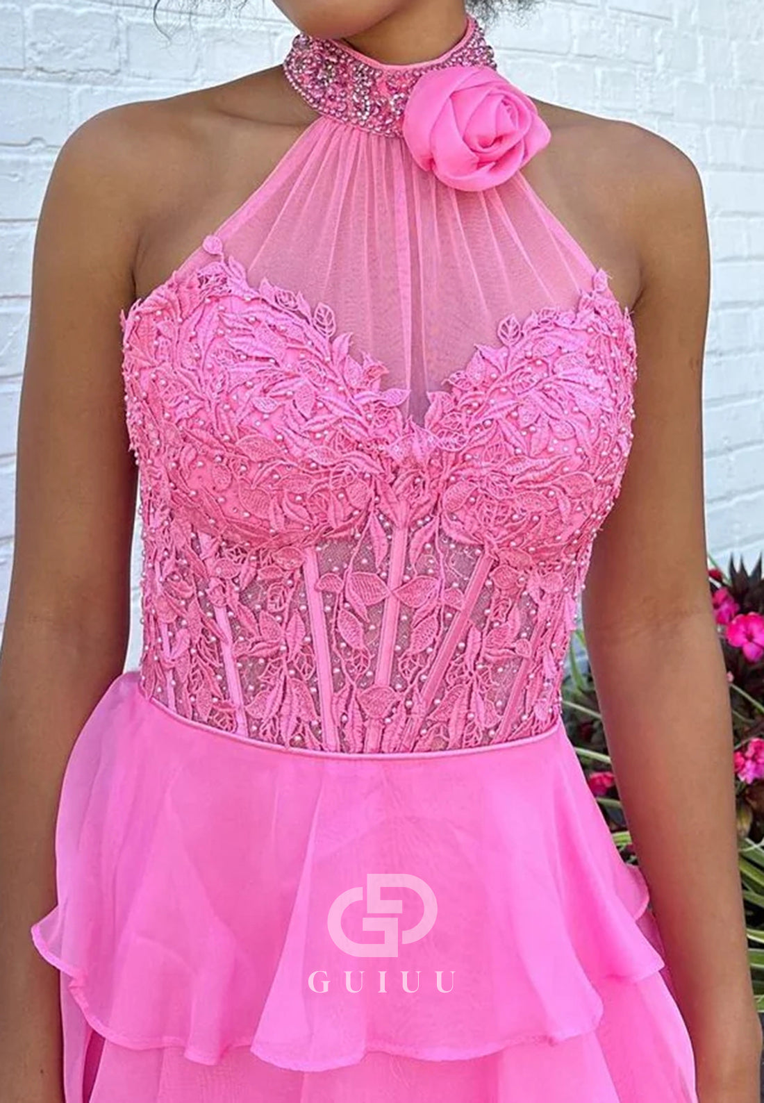 Pink A-Line Halter Neck Lace Top Long Tiered Chiffon Prom Dress