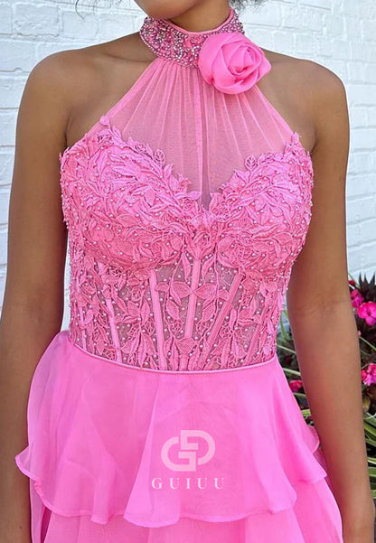 Pink A-Line Halter Neck Lace Top Long Tiered Chiffon Prom Dress