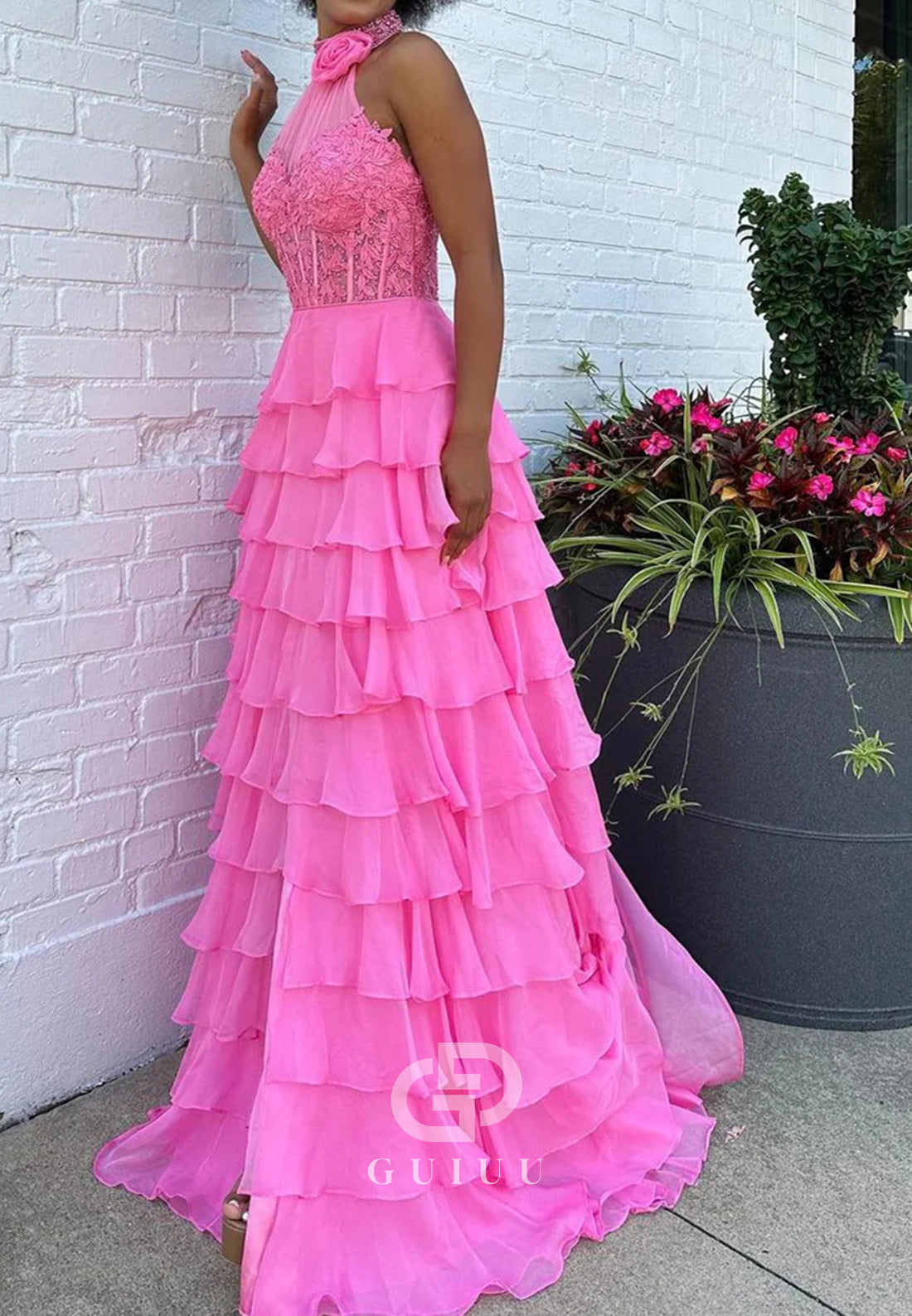 Pink A-Line Halter Neck Lace Top Long Tiered Chiffon Prom Dress