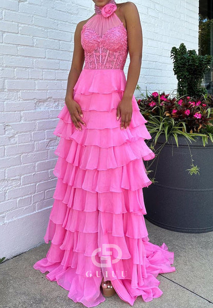 Pink A-Line Halter Neck Lace Top Long Tiered Chiffon Prom Dress