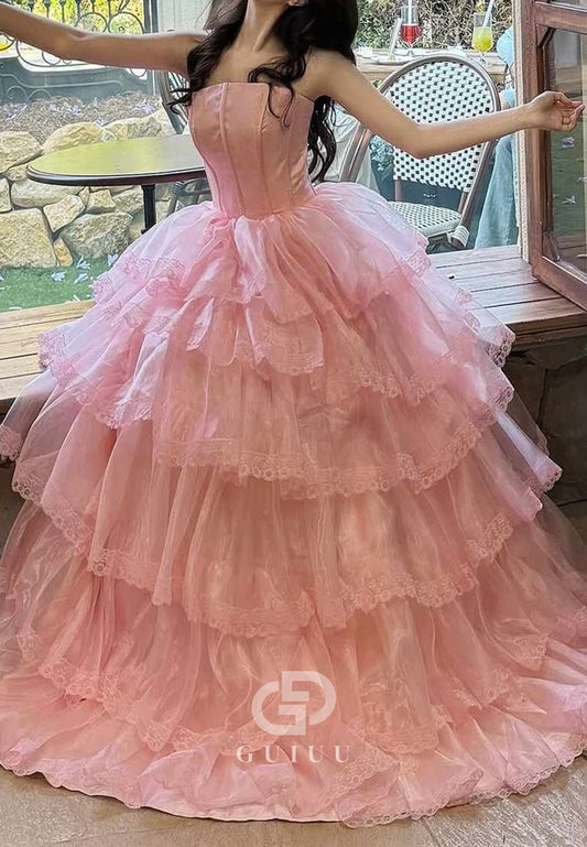 Pink A-Line Strapless Empire-Waist Layered Long Prom Dress