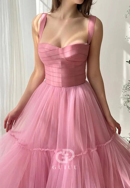 Pink A-Line Straps Empire-Waist Sleeveless Tulle Long Prom Dress