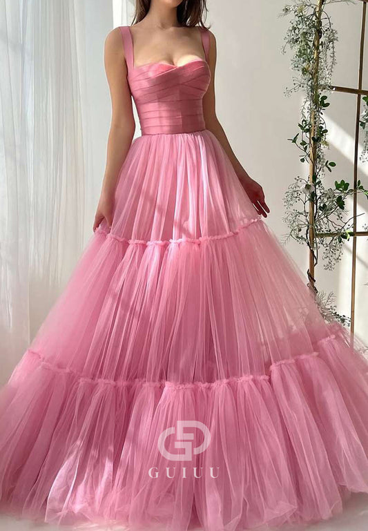 Pink A-Line Straps Empire-Waist Sleeveless Tulle Long Prom Dress