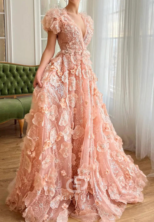 Pink A-Line Dress with V-Neck  Embroidery and Short Cap Sleeves Evening Dress