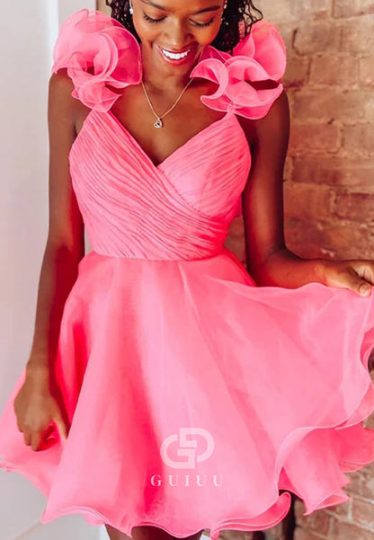 A Line Surplice Ruffles Straps Tulle Homecoming Dress