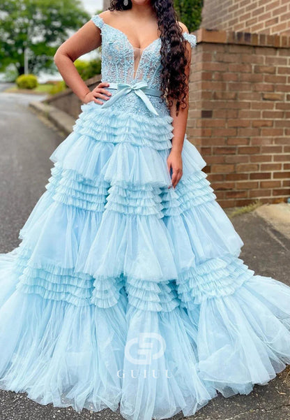 A-Line Tulle Ruffles Off-Shoulder Long Prom Dress with Bow