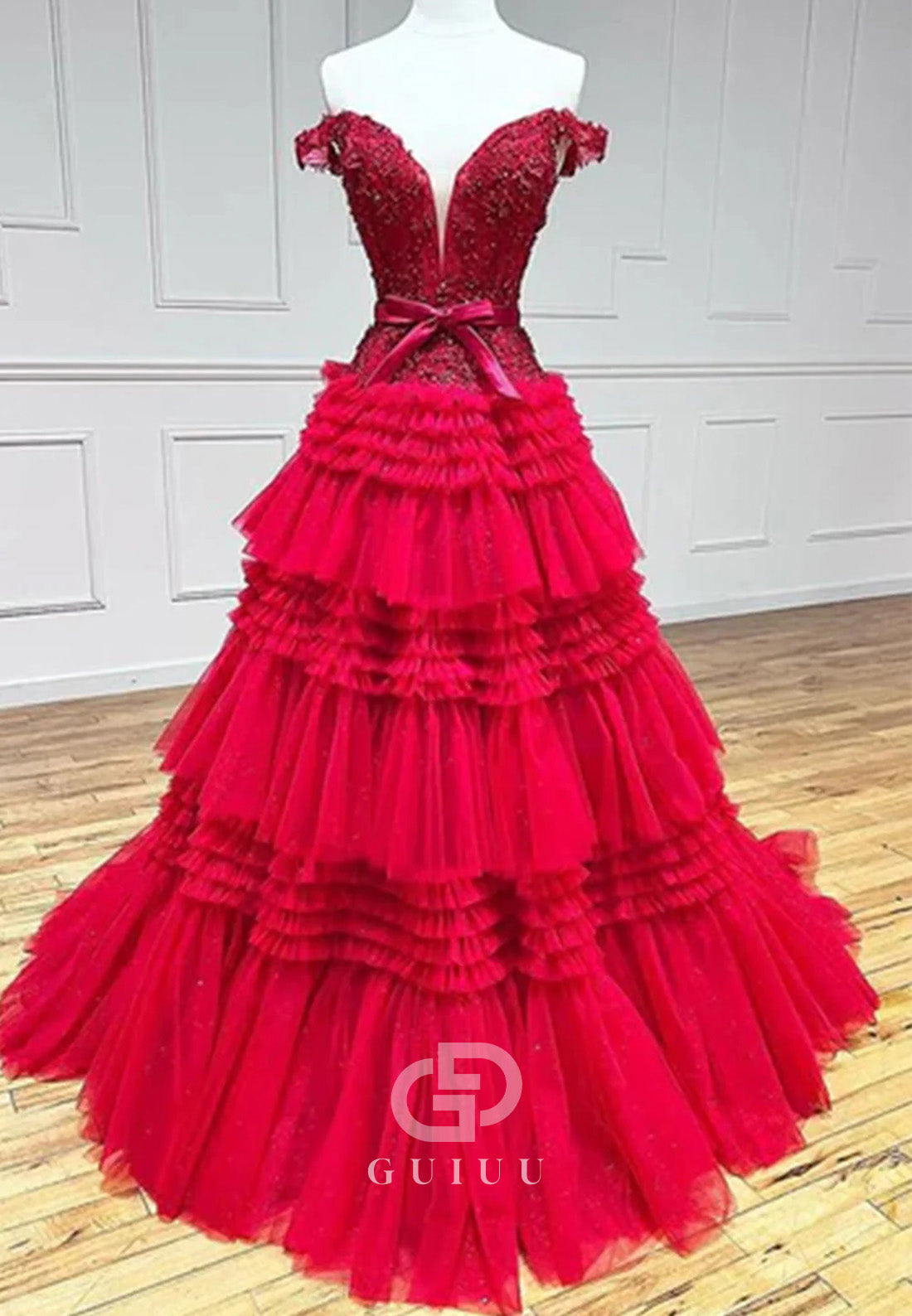 A-Line Tulle Ruffles Off-Shoulder Long Prom Dress with Bow