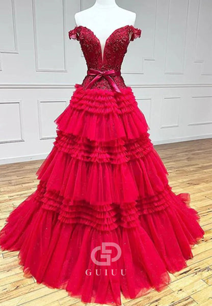 A-Line Tulle Ruffles Off-Shoulder Long Prom Dress with Bow
