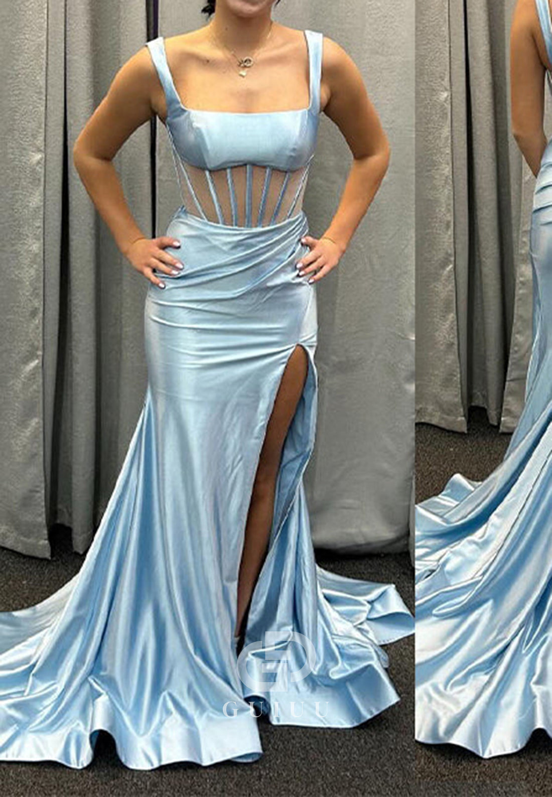 Mermaid Square Neck Satin Pleated Long Prom Dress with Slit