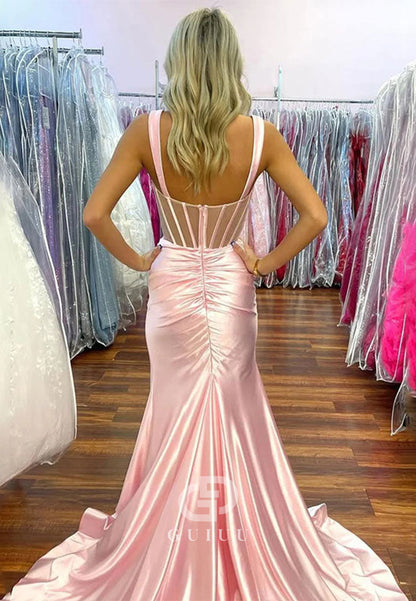 Mermaid Square Neck Satin Pleated Long Prom Dress with Slit