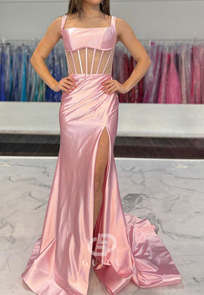 Mermaid Square Neck Satin Pleated Long Prom Dress with Slit