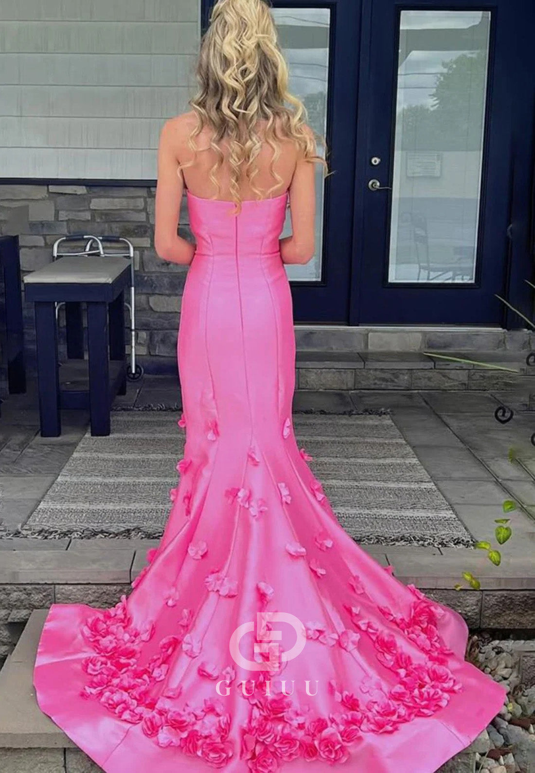 Pink Mermaid  Strapless Sleeveless Long Prom Dress with Appliques