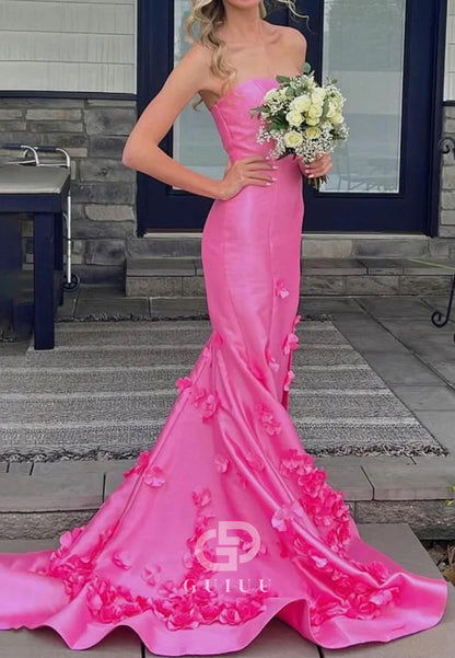 Pink Mermaid  Strapless Sleeveless Long Prom Dress with Appliques