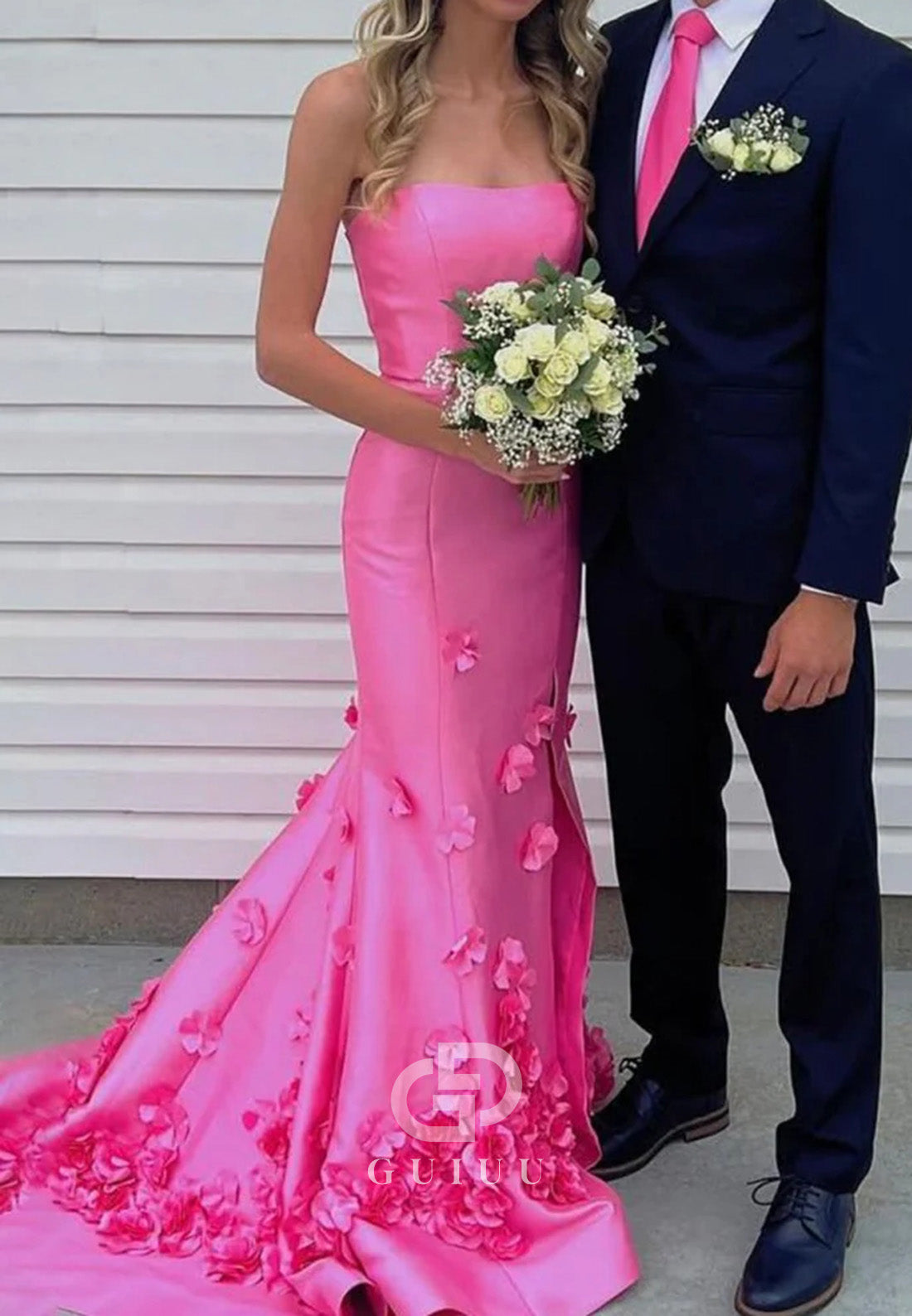 Pink Mermaid  Strapless Sleeveless Long Prom Dress with Appliques