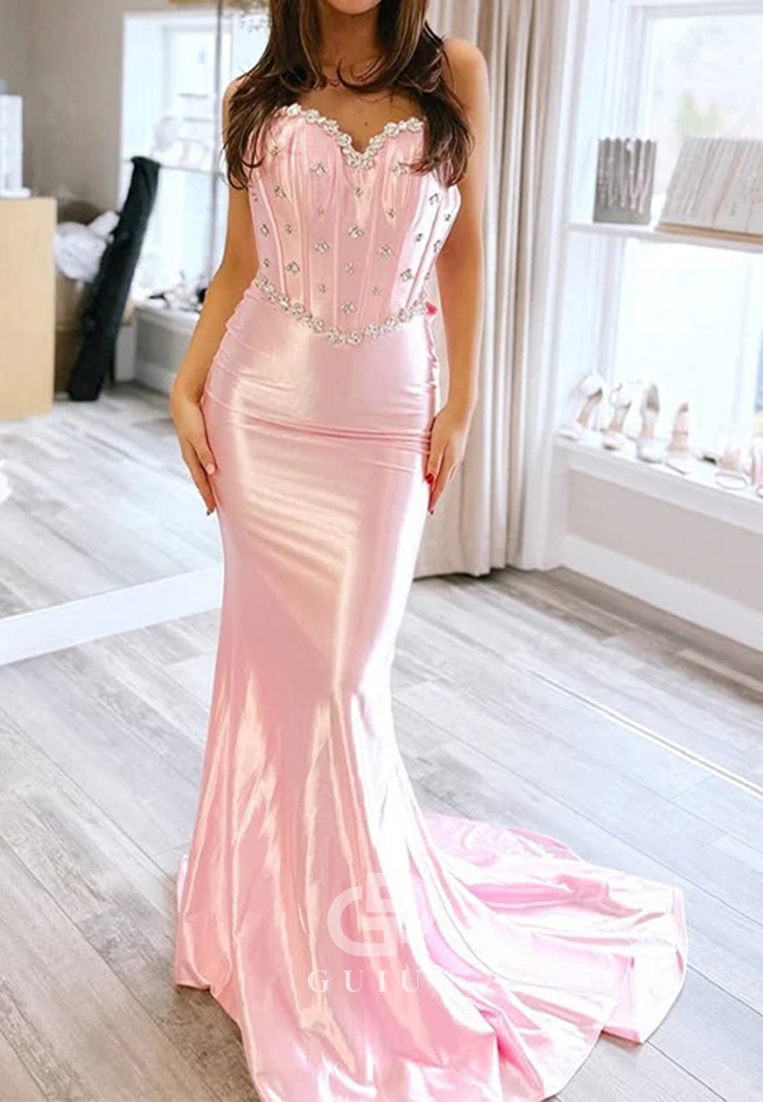 Pink Mermaid Sweetheart Satin Long Prom Dress with Beading