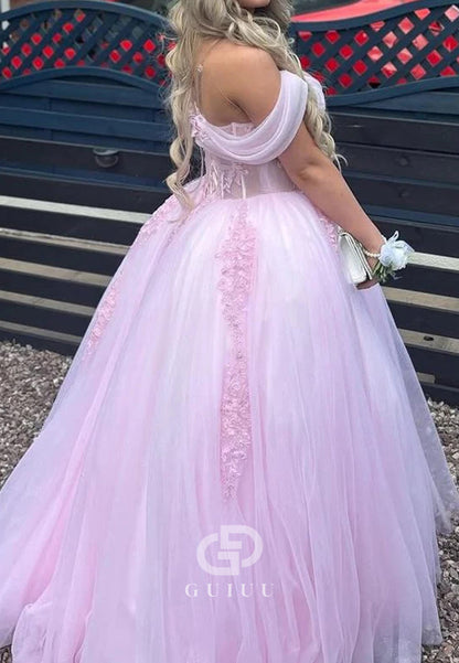 Pink Off-Shoulder Appliques Pleated Tulle Long Prom Gown