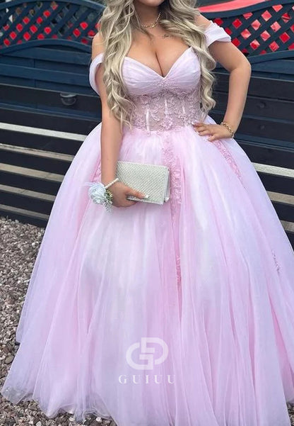 Pink Off-Shoulder Appliques Pleated Tulle Long Prom Gown