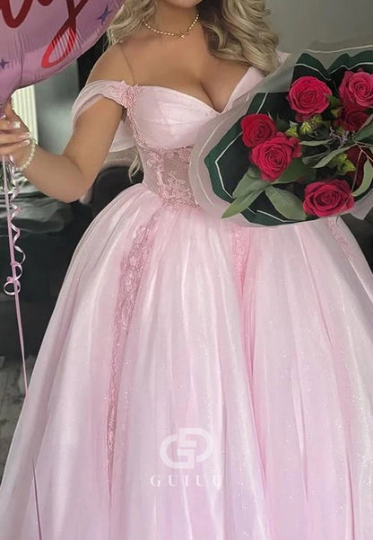 Pink Off-Shoulder Appliques Pleated Tulle Long Prom Gown