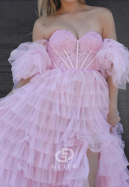 Pink Off-Shoulder Puff Sleeves Floral Layers Long Prom Dress with Slit