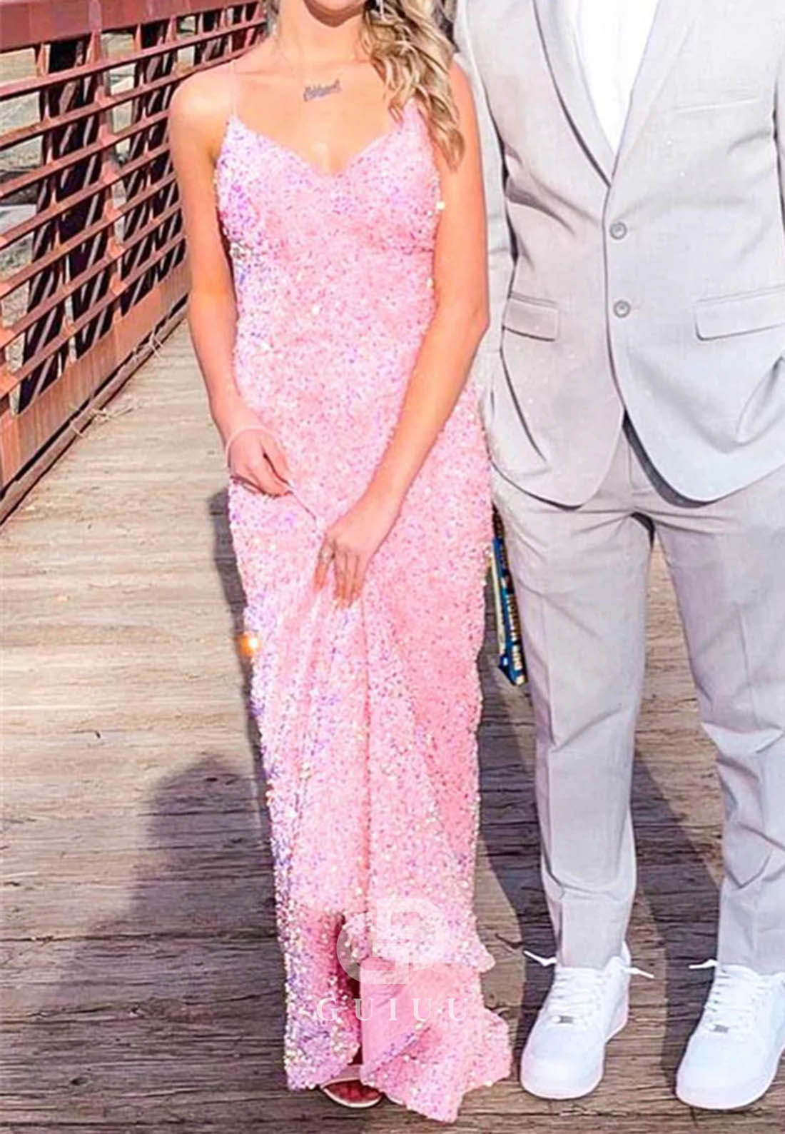 Pink Sequins V-Neck Lace-Up Mermaid Long Prom Dress