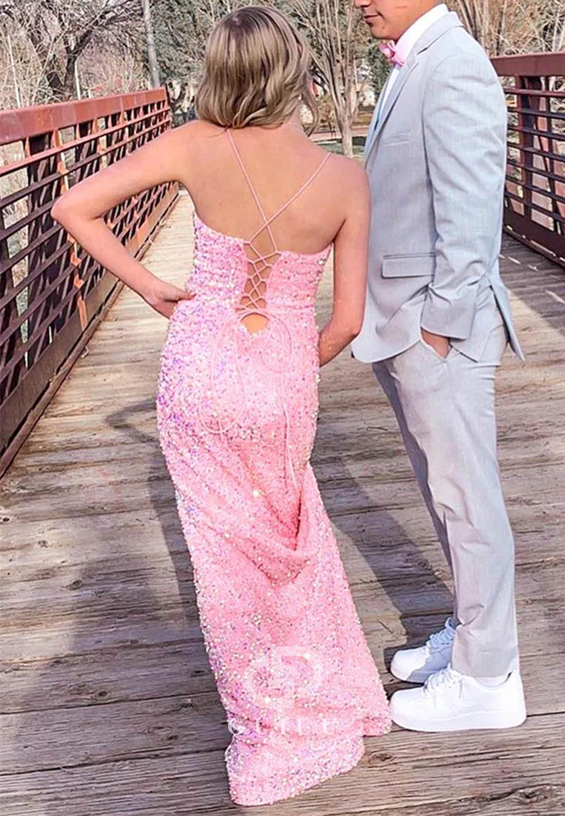 Pink Sequins V-Neck Lace-Up Mermaid Long Prom Dress