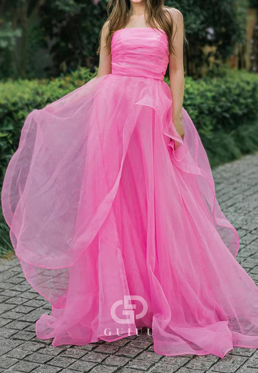 Pink Strapless A-Line Empire-Waist Sleeveless Long Formal Prom Dress