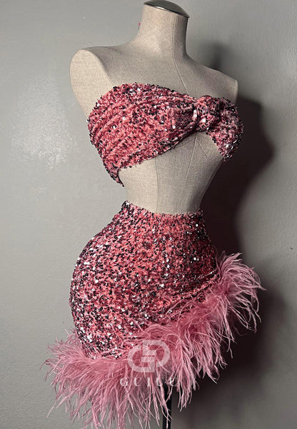 Candy Pink Strapless Sleeveless Feathers Homcoming Prom Dress