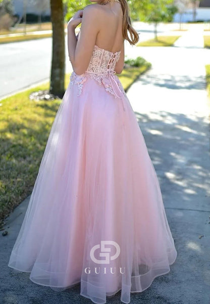 Pink Strapless Sweetheart Appliques A-Line Sleeveless Prom Dress