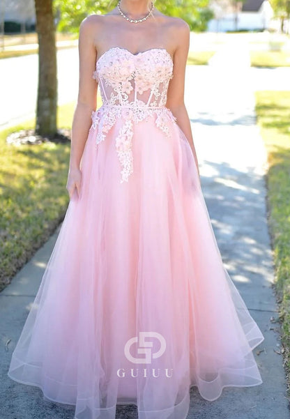 Pink Strapless Sweetheart Appliques A-Line Sleeveless Prom Dress