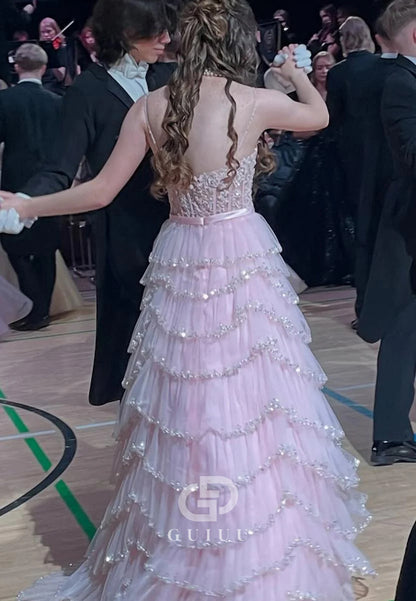 Pink Strapless Sweetheart Ruffles Empire-Waist Long Prom Dress