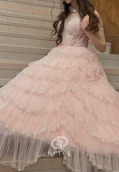 Pink Strapless Sweetheart Ruffles Empire-Waist Long Prom Dress