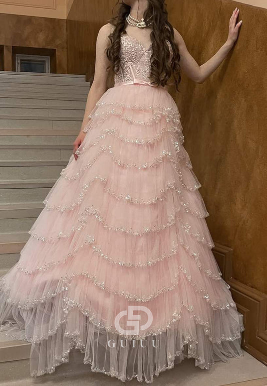 Pink Strapless Sweetheart Ruffles Empire-Waist Long Prom Dress