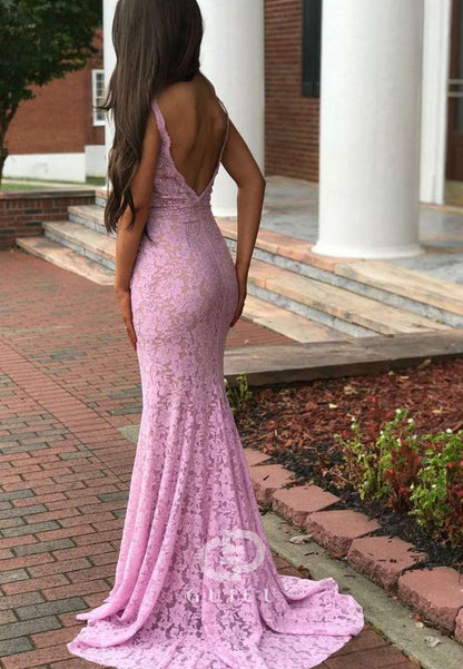 Pink V-Neck Double Straps Lace Appliques Sleeveless Long Prom Dress