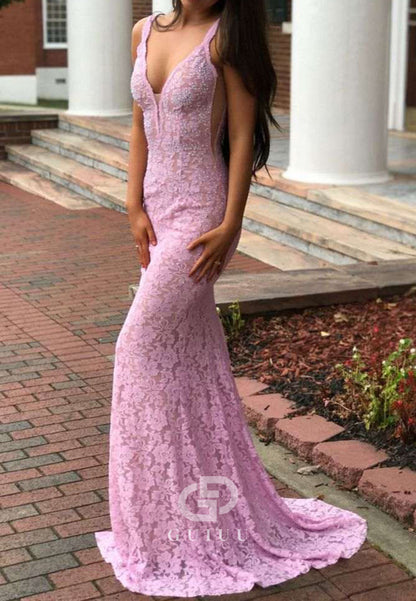 Pink V-Neck Double Straps Lace Appliques Sleeveless Long Prom Dress