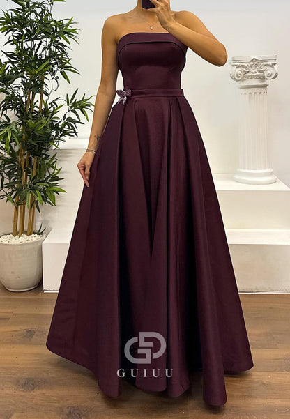 Plum A-Line Strapless Sleeveless Empire-Waist Evening Dress