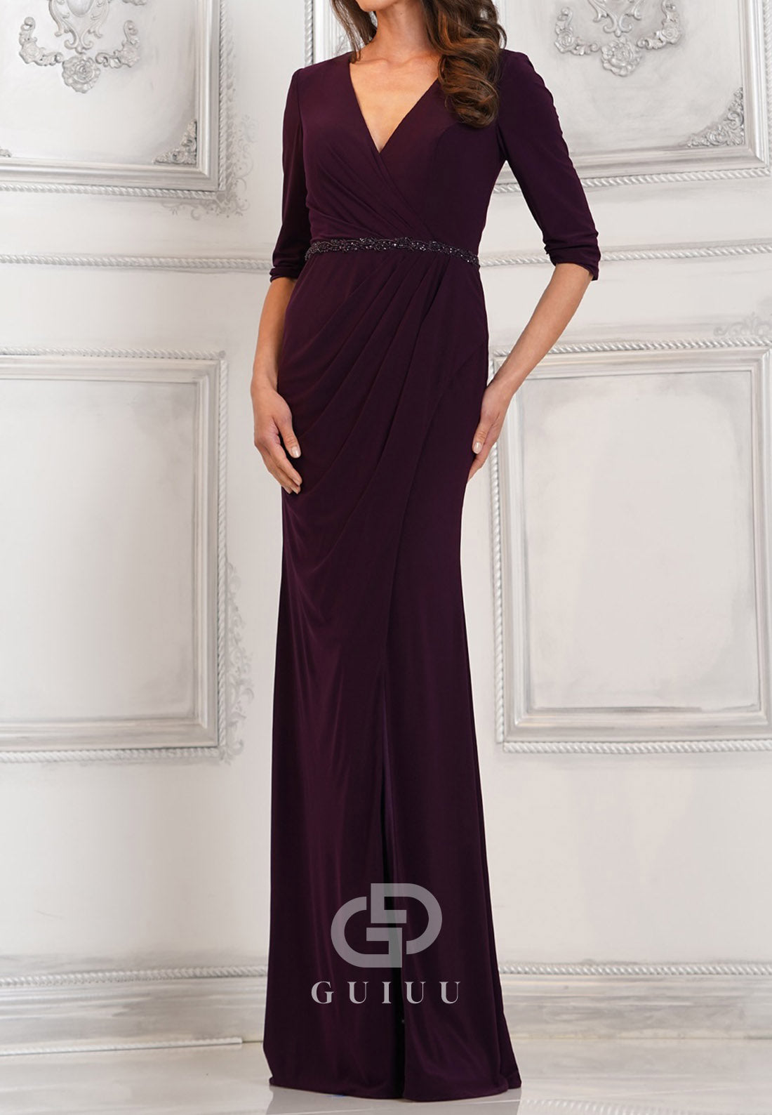 Plum Long Sleeves V-Neck Empire-Waist Mother of the Bride Dress