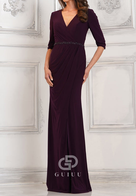 Plum Long Sleeves V-Neck Empire-Waist Mother of the Bride Dress